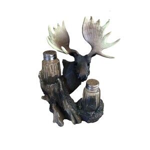DWK Northern Moose Salt & Pepper Shaker Holder 2 Glass Shakers Cabin Wilderness